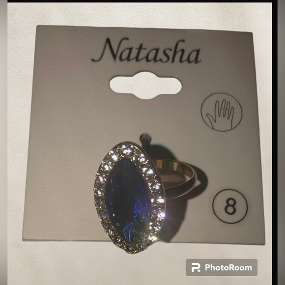 Natasha Ring Size 8 Sapphire Blue Color Stone w/ white Rhinestones surround NEW - Picture 5 of 8